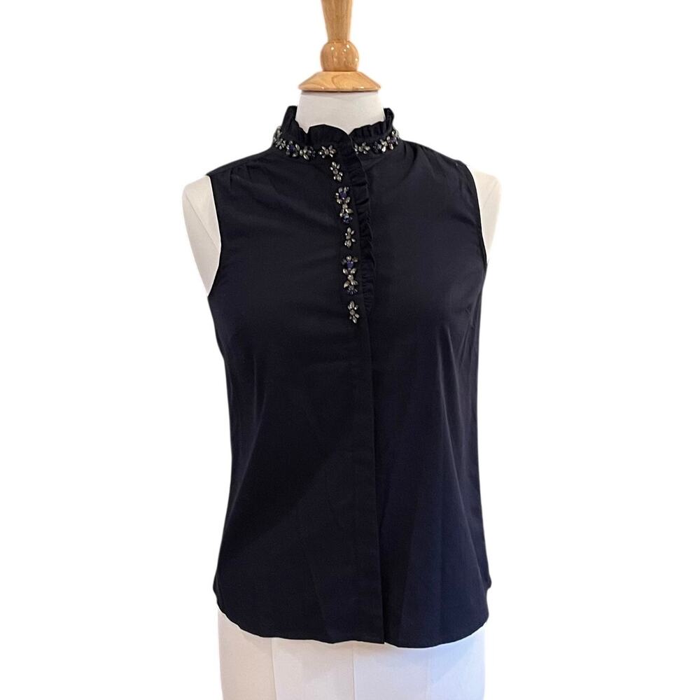 J.Crew Navy Sleeveless Button Down Shirt, Rhinestone, Jeweled Collar, Size 2